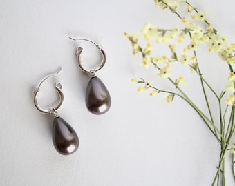 Hoop pearl earrings, Silver hoop and pearl earrings, Purple pearl earrings ,Dark drop purple pearl earrings, large pearl earrings, Hoops