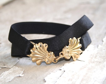 Skinny Black Stretch Belt, Gold Clam Shell Clasp