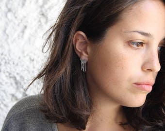 Unique stud earrings, Sterling silver geometric studs, Silver fringe earrings, Triangle studs earrings,  Chain stud earrings, Fringe studs