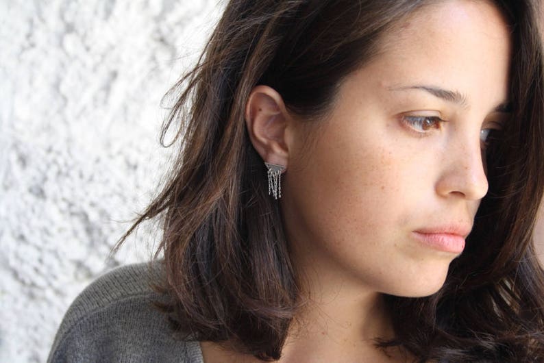 Unique stud earrings, Sterling silver geometric studs, Silver fringe earrings, Triangle studs earrings, Chain stud earrings, Fringe studs image 1