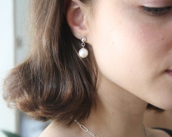 White pearl and silver earrings, Drop pearl stud earrings, Simple bridal earrings, Drop Ball pearl earrings, Drop studs, short drop earrings