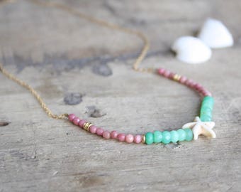 Starfish Necklace, Green Chrysoprase, Pink Rhodonite, Gold Filled Chain