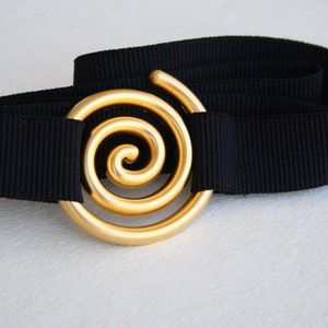 Gold and black waist belt, elastic belt, maternity belt, gold swirl buckle, black elastic belt, spiral gold buckle