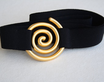 Black Elastic Waist Belt with Gold Swirl Buckle