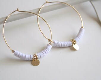 Hoop earrings, Boho Hoops, Hoop earrings with charm, Gypsy hoop earrings, Gold Hoop Earrings, Gold beaded hoops, White and gold earrings