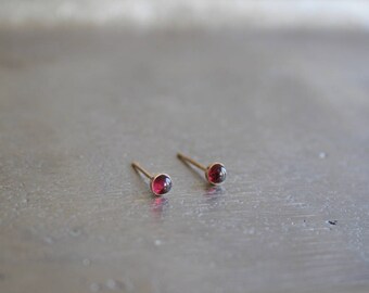 Tiny Garnet Stud Earrings, Minimalist Gold Filled Jewelry