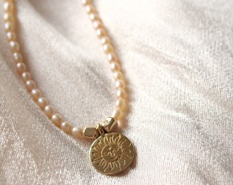 Rose gold oval pearls necklace with gold coin with happy sun engraving, Fresh water pastel pink necklace, Gold coin sun pendant necklace