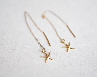 Starfish gold chain earrings, Gold filled chain Earrings, Starfish Earrings, Sea Star Earrings, Charm Threaders Earrings, Nautical earrings