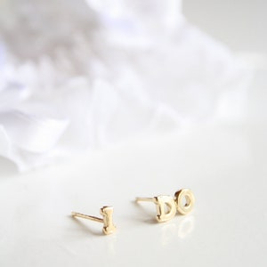 I do tiny stud earrings. bachelorette party jewelry, bride to be gift idea. tiny gold studs, vermeil letter earrings, anniversary cute stud image 2