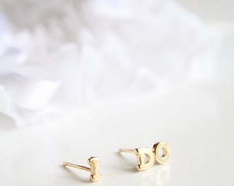 I do tiny stud earrings. bachelorette party jewelry, bride to be gift idea. tiny gold studs, vermeil letter earrings, anniversary cute stud