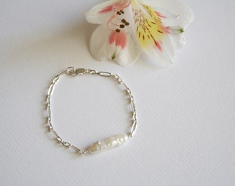 Sterling Silver Baroque Pearl Bracelet, Unique Link Chain