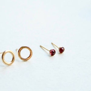 May include: Two pairs of stud earrings. One pair features simple gold-toned circular hoops, while the other pair consists of small, round, deep red gemstone studs set in gold-toned metal. Each earring has a thin post for secure attachment.