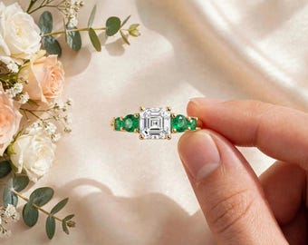 Moissanite Engagement Ring, 925 Sterling Silver Ring , Wedding Ring, Bridal Jewelry, Emerald Side Stone Ring, Anniversary Gift For Her