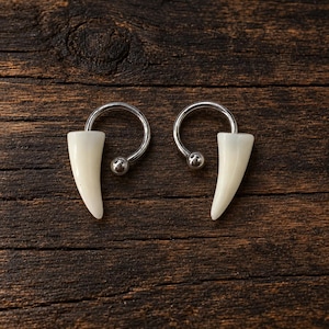 May include: A pair of circular barbell earrings featuring polished silver-tone metal rings with small spherical ends and smooth, curved, off-white horn-shaped attachments. The jewelry pieces are symmetrical, showcasing a clean, metallic finish.