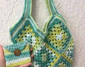 Multicolor gehaakte vierkante tas in oma-stijl met bijpassend portemonneetje - Groen, turquoise, wit boho