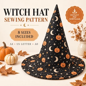 Puede incluir: Un patrón de costura para sombrero de bruja en tela negra con un estampado repetitivo de calabazas naranjas, lunas crecientes blancas y estrellas. El texto dice WITCH HAT SEWING PATTERN, 8 SIZES INCLUDED, A4, US LETTER, A0, INSTANT PDF DOWNLOAD.