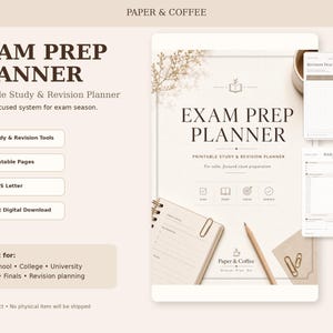 Könnte beinhalten: Ein digitaler Exam Prep Planner mit einem druckbaren Lern- und Revisionssystem. Das Layout enthält den Text Paper & Coffee, Exam Prep Planner sowie Symbole für plan, study, revise und achieve, zusammen mit einem Notizbuch und einem Bleistift.