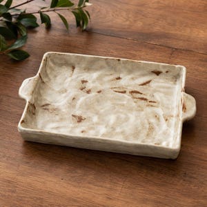 Rustic Ceramic Baking Dish, Japanese Wabi Sabi Rectangular Serving Tray, Handcrafted Pottery Dish with Handles, Unique Kitchen Gift