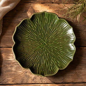 Green Ceramic Sunburst Dinner Plate, Handmade Fluted Rustic Salad Plate, Unique Kitchen Gift, Artisan Pottery