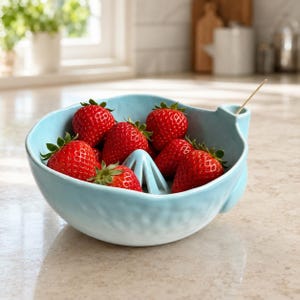 Könnte beinhalten: Eine hellblaue Keramikschale mit strukturierter Außenseite und einem zentralen kegelförmigen Vorsprung, gefüllt mit mehreren leuchtend roten Erdbeeren. Ein kleiner Holzzahnstocher steckt in einer Halterung am Schalenrand.