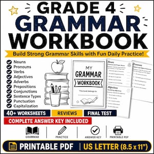 May include: A Grade 4 Grammar Workbook printable PDF featuring 40+ worksheets, reviews, and a final test. The cover displays the title, a stack of books with an apple, and a list of topics including nouns, verbs, and punctuation. Size is 21.59 by 27.94 cm.