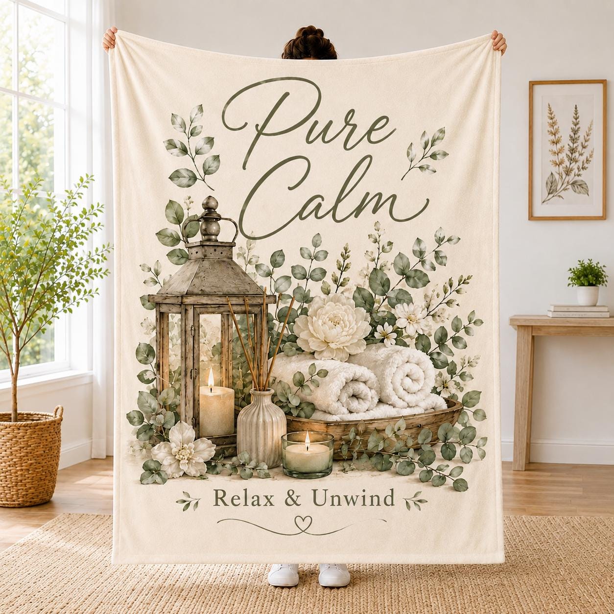 Spa Blanket, Pure Calm Throw Blanket, Relaxation Fleece Blanket, Bathroom Spa Decor, Self Care Gift for Women, Cozy Wellness Blanket