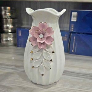 Handmade White Ceramic Flower Vase 3D Pink Floral Decorative Vase Elegant Modern Table Centerpiece Home Decor Gift