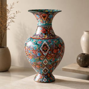 May include: A decorative vase featuring a vibrant, multi-colored floral pattern on a turquoise background. The vase has a wide, flared rim, a slender neck, and a rounded body that tapers down to a circular base, all covered in intricate designs.