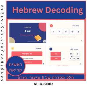 May include: A digital educational resource titled Hebrew Decoding featuring four distinct slides with Hebrew text, instructional graphics, and a circular badge that reads Reshit Kriah. The layout includes blue and white backgrounds with red accents.