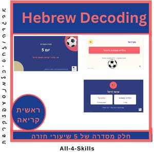 以下が含まれることがあります： 「Hebrew Decoding」と題されたデジタル教材。ヘブライ語のテキスト、サッカーボールのグラフィック、ヘブライ語のテキストが書かれた円形のバッジを含む3枚のスライドで構成されています。レイアウトには、All-4-Skillsと書かれた青いヘッダーとフッターが含まれています。