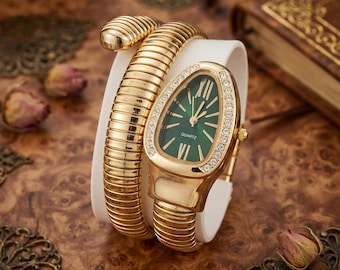 Gold Snake Watch for Women, Luxury Bracelet Watch, Birthday Gift, Quartz Jewelry