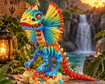 Figurine de squelette de Dilophosaure colorée | Dinosaure imprimé en 3D | Présentoir amovible | Décoration dinosaure | Cadeau préhistorique