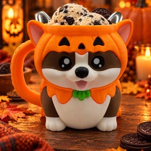 May include: A ceramic mug shaped like a puppy wearing a pumpkin costume, featuring brown and white fur, large black eyes, and a green collar. The mug is filled with scoops of cookies and cream ice cream and two silver spoons.
