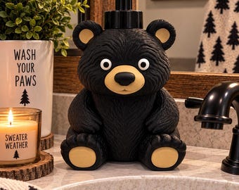 Porte-savon ours noir imprimé en 3D | Décoration de salle de bain sur le thème de la forêt (flacon en mousse uniquement)