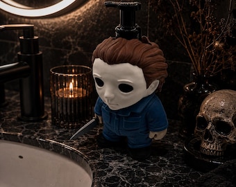 Distributeur de savon moussant Silent Slasher | Décoration de salle de bain horrifique imprimée en 3D, pompe à masque effrayant