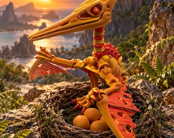 Articulated Skeletal Pterodactyl Figurine with Nest & Eggs, 3D Printed Prehistoric Collectible