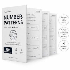 Puede incluir: Un libro de ejercicios de lógica blanco titulado PatternMind Number Patterns con un icono de cerebro en la portada. El libro incluye 160 acertijos progresivos, cuatro niveles de dificultad y páginas con ejercicios de secuencias numéricas.