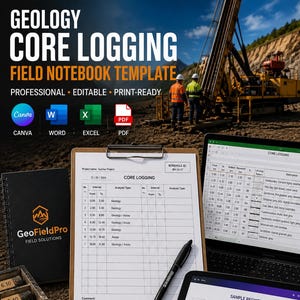 Może przedstawiać: Szablon notatnika terenowego do logowania rdzeni geologicznych zawierający podkładkę z arkuszem logowania, czarny długopis, kompas, tablet z rejestrem próbek oraz drewnianą skrzynkę z opisanymi próbkami rdzeni z widocznymi oznaczeniami głębokości.
