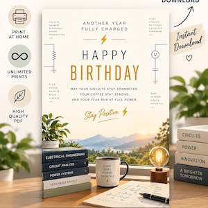 Puede incluir: Una tarjeta de cumpleaños imprimible para ingenieros eléctricos con el texto Another Year Fully Charged, Happy Birthday, y May Your Circuits Stay Connected, Your Coffee Stay Strong, And Your Year Run At Full Power, con un paisaje de montaña.