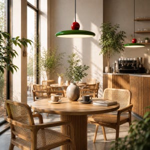 May include: A pendant light fixture featuring a flat, circular green shade topped with a glossy red sphere, suspended by a black cord. The light emits a warm glow from the underside, illuminating a wooden dining table with chairs.