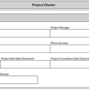 Könnte beinhalten: Ein weißes Projektcharta-Vorlagendokument mit grauen Kopfzeilen und schwarzem Text. Die Abschnitte umfassen Projektinformationen, Projektname und -nummer, Projektmanager, Projektsponsor, E-Mail, Telefonnummer, Geschäftsbereich, Projektnutzen, Start- und Enddaten, erwartete Kosten und Einsparungen.