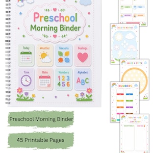 May include: A spiral-bound Preschool Morning Binder with a white cover featuring a rainbow, clouds, and flowers. The cover displays the text Preschool Morning Binder and icons for Today, Weather, Seasons, Feelings, Time, Date, Numbers, and Alphabet.