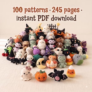 Peut inclure: Une grande collection de petites figurines crochetées sur le thème d'Halloween, incluant des fantômes, citrouilles, chauves-souris, squelettes et monstres. Le texte en haut indique 100 patterns · 245 pages · instant PDF download.
