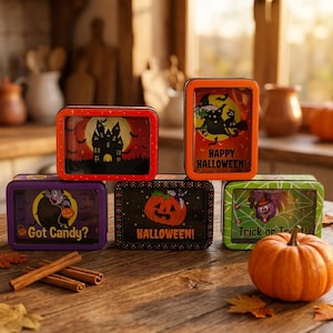 Könnte beinhalten: Fünf rechteckige Metalldosen mit Sichtfenstern und Halloween-Motiven. Die Dosen zeigen ein Spukhaus, eine Hexe, einen Vampir mit dem Text Got Candy?, einen Kürbis mit dem Text HALLOWEEN und eine Spinne mit dem Text Trick or Treat!