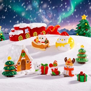 Christmas Dollhouse Miniatures Set - 17 Piece Tiny Resin Figurines - Sleigh Snowman Train Gingerbread House Tree Fireplace Reindeer