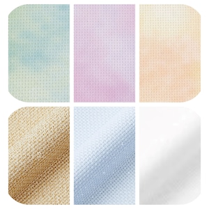 14kt Aida-stof ~ bedrukt en iriserend perzik/geel, blauw/groen, roze/lila, goud, wit en babyblauw