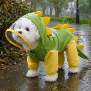 May include: A small white dog wearing a green and yellow dinosaur-themed raincoat with a clear plastic hood visor. The raincoat features yellow fabric spikes along the back and hood, yellow sleeves, and a green body with a yellow trim around the visor.