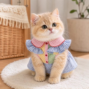 May include: A light-colored cat wearing a multi-colored gingham dress with a rounded collar and ruffled sleeves. The dress features a patchwork design of pink, yellow, green, and blue checkered fabric with small red buttons down the center front.