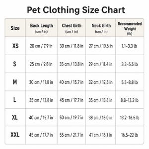 May include: A Pet Clothing Size Chart table with columns for Size, Back Length, Chest Girth, Neck Girth, and Recommended Weight in lb. Rows list measurements for sizes XS through XXL, providing specific metric and imperial values for each.