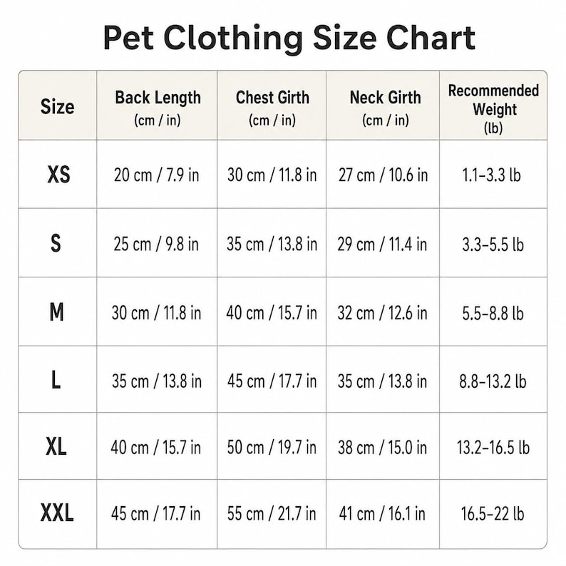May include: A Pet Clothing Size Chart table with columns for Size, Back Length, Chest Girth, Neck Girth, and Recommended Weight in lb. Rows list measurements for sizes XS through XXL, providing specific metric and imperial values for each.